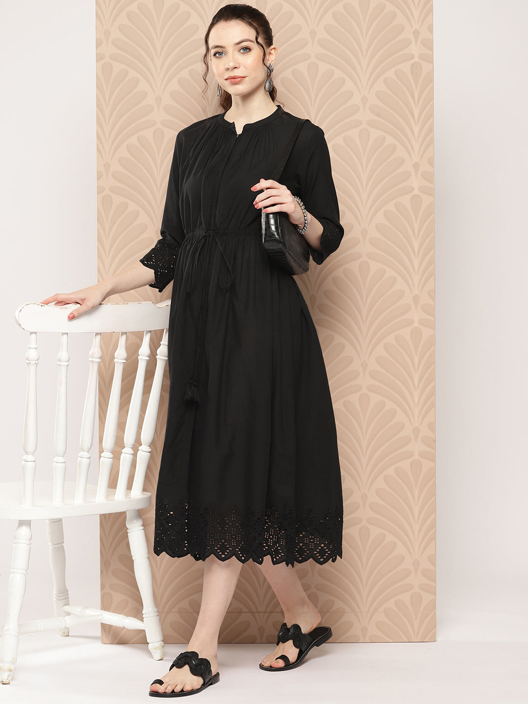 Black Cotton Solid Flared Dress