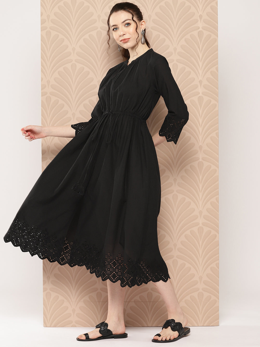 Black Cotton Solid Flared Dress