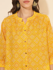 Yellow Cotton Bandhani Printed A-Line Kurta