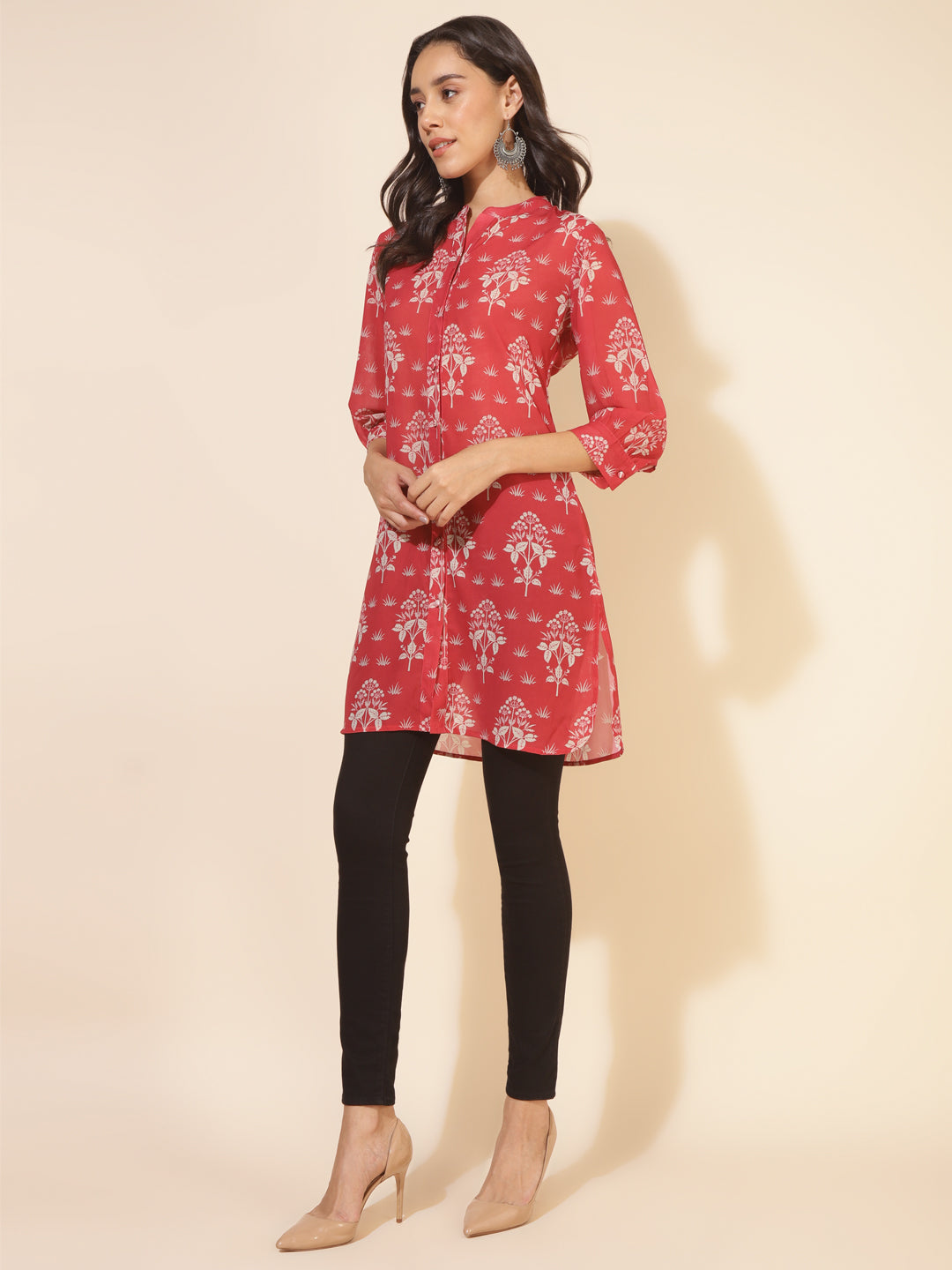 Red Georgette Floral Printed Regular Tunic