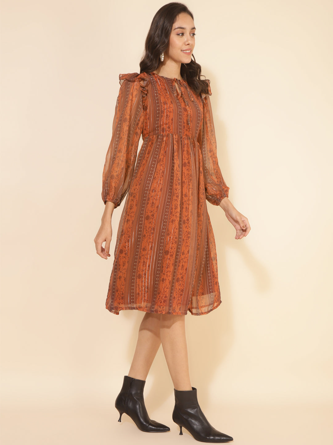 Rust Chiffon Lurex Floral Printed Gathered Dress
