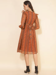 Rust Chiffon Lurex Floral Printed Gathered Dress