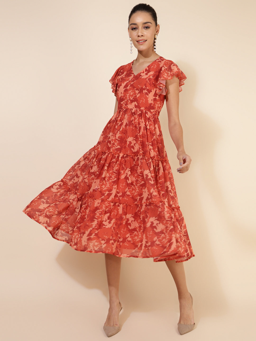 Rust Georgette Abstract Printed Tiered Dress