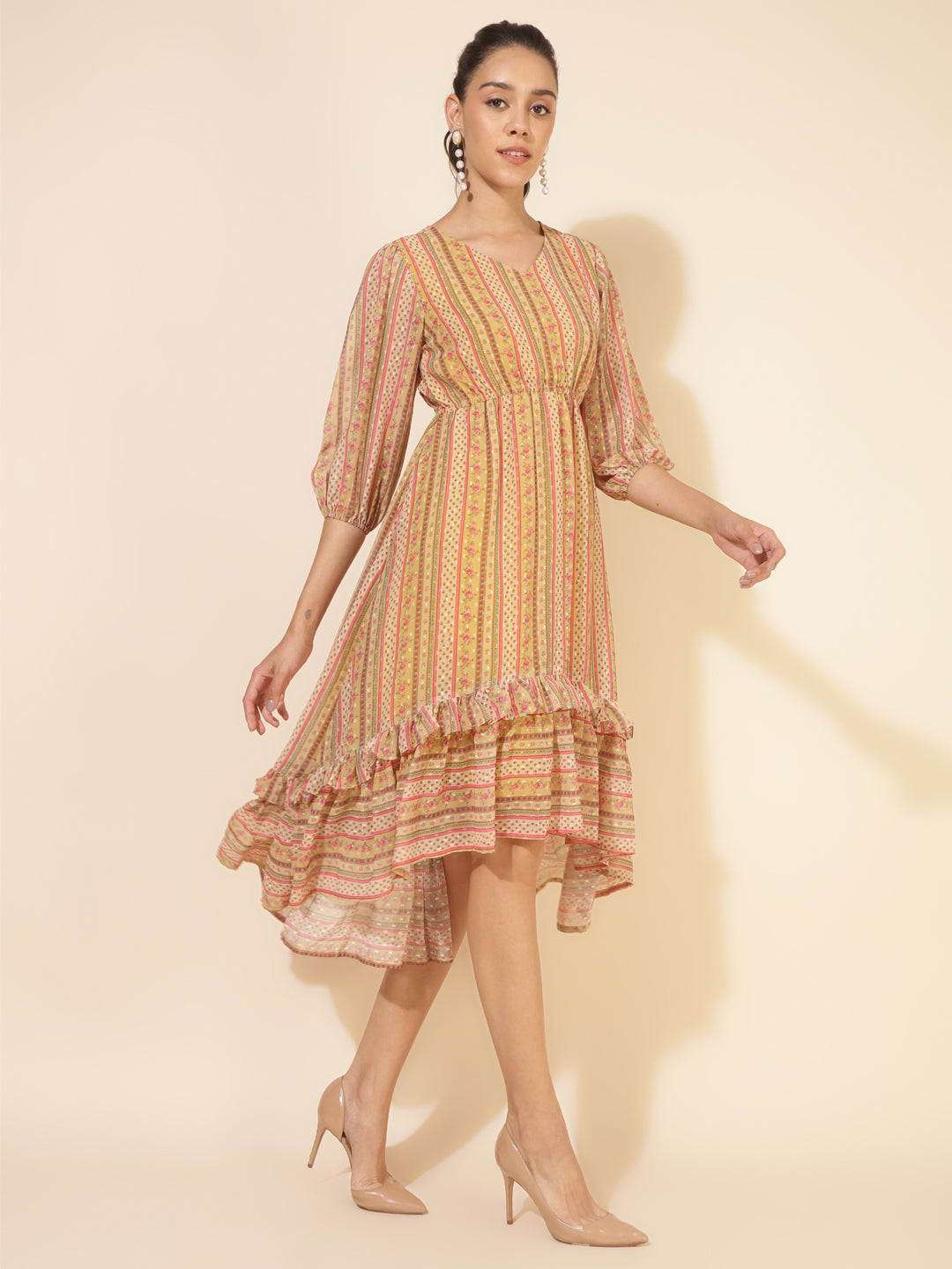 Yellow Dobby Georgette Printed High Low Dress