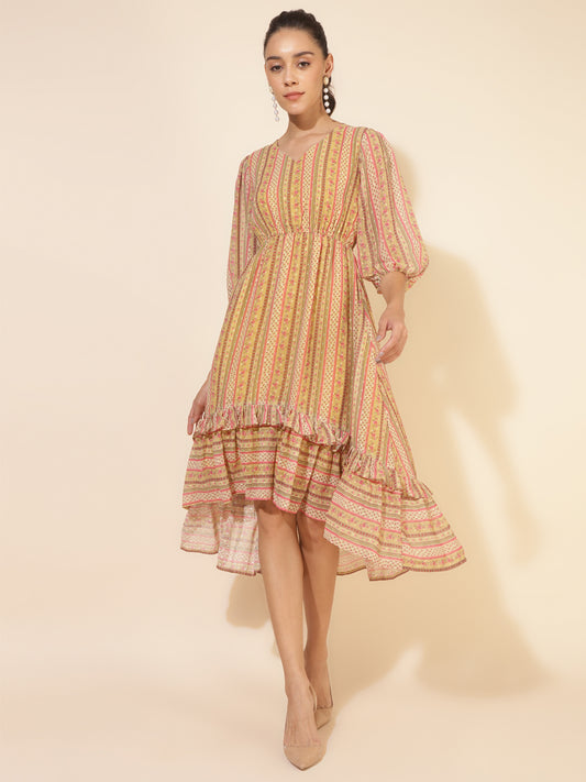 Yellow Dobby Georgette Printed High Low Dress