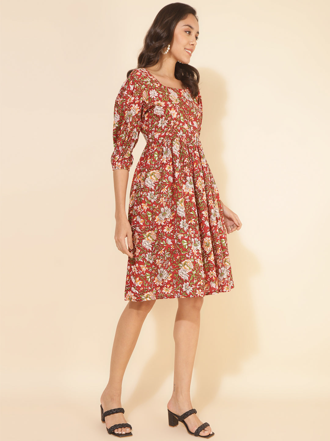 Red Cotton Floral Printed Gathered Dress