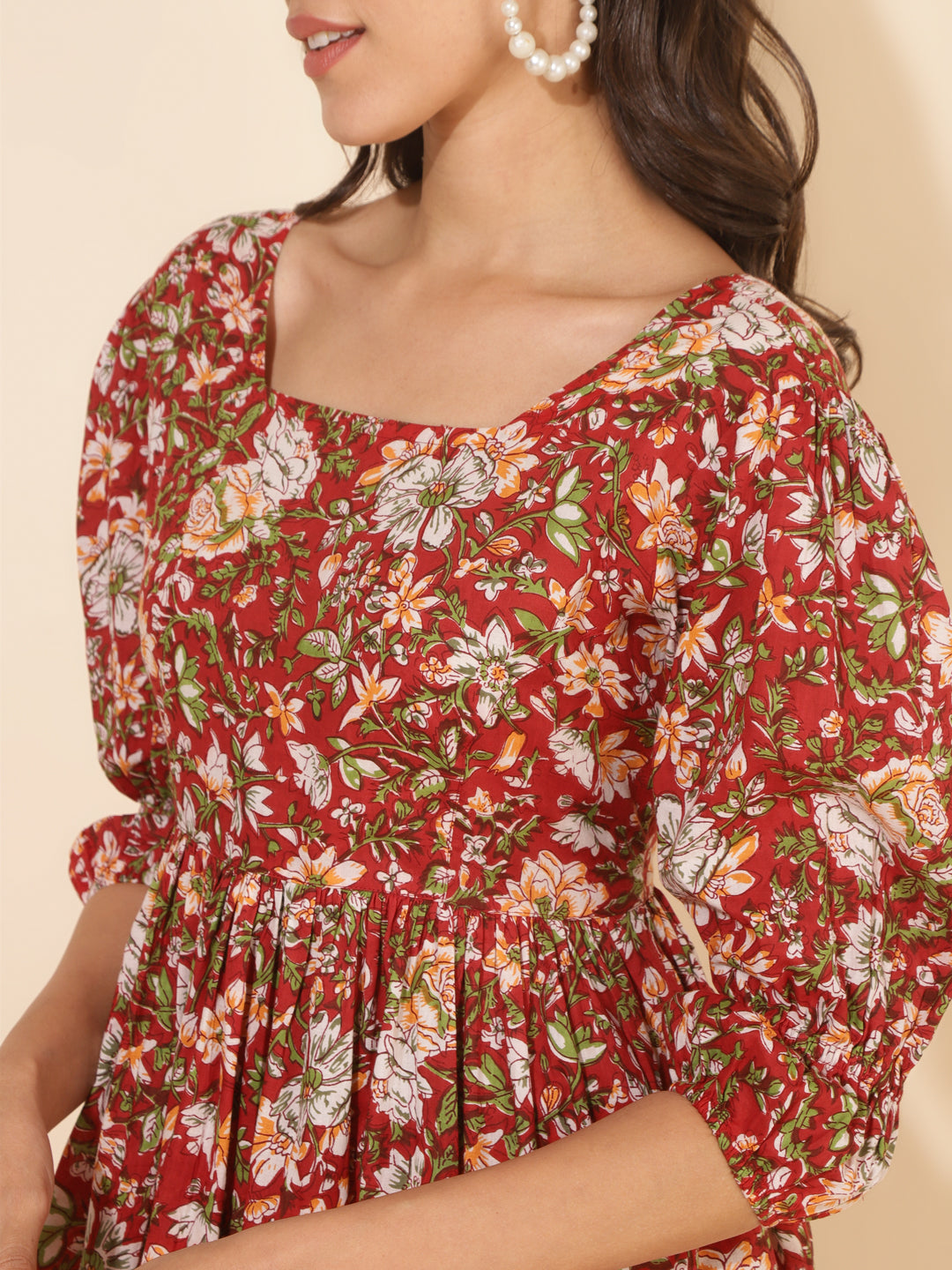 Red Cotton Floral Printed Gathered Dress