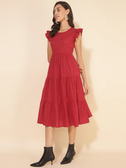 Red Cotton Dobby Solid Tiered Western Dress