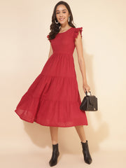Red Cotton Dobby Solid Tiered Western Dress