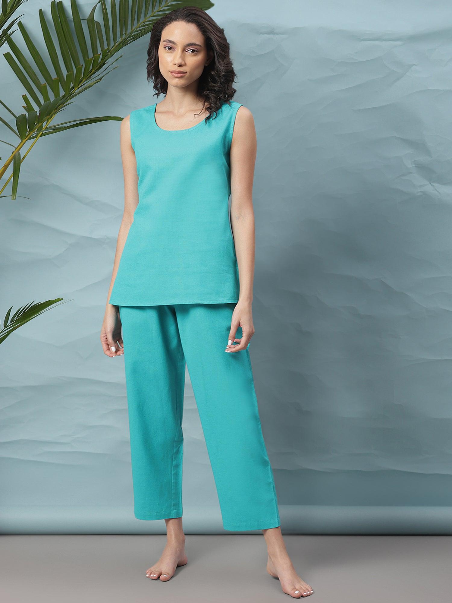 Turquoise Blue Cotton Flex Solid Night Suit Set Janasya-Discontinue