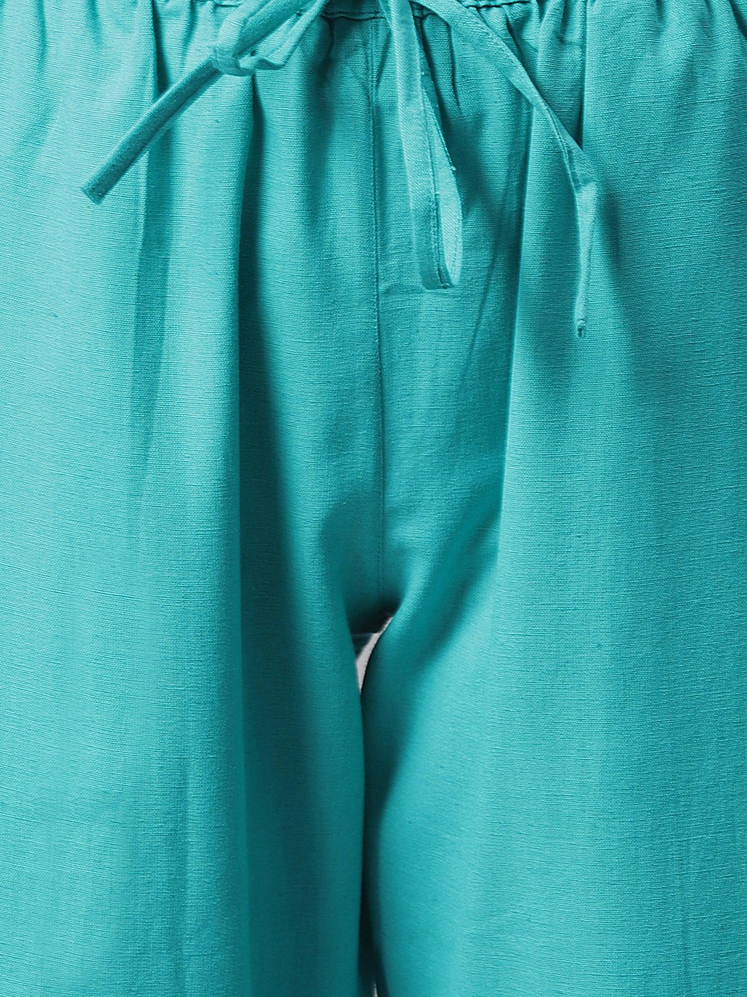 Turquoise Blue Cotton Flex Solid Night Suit Set Janasya-Discontinue