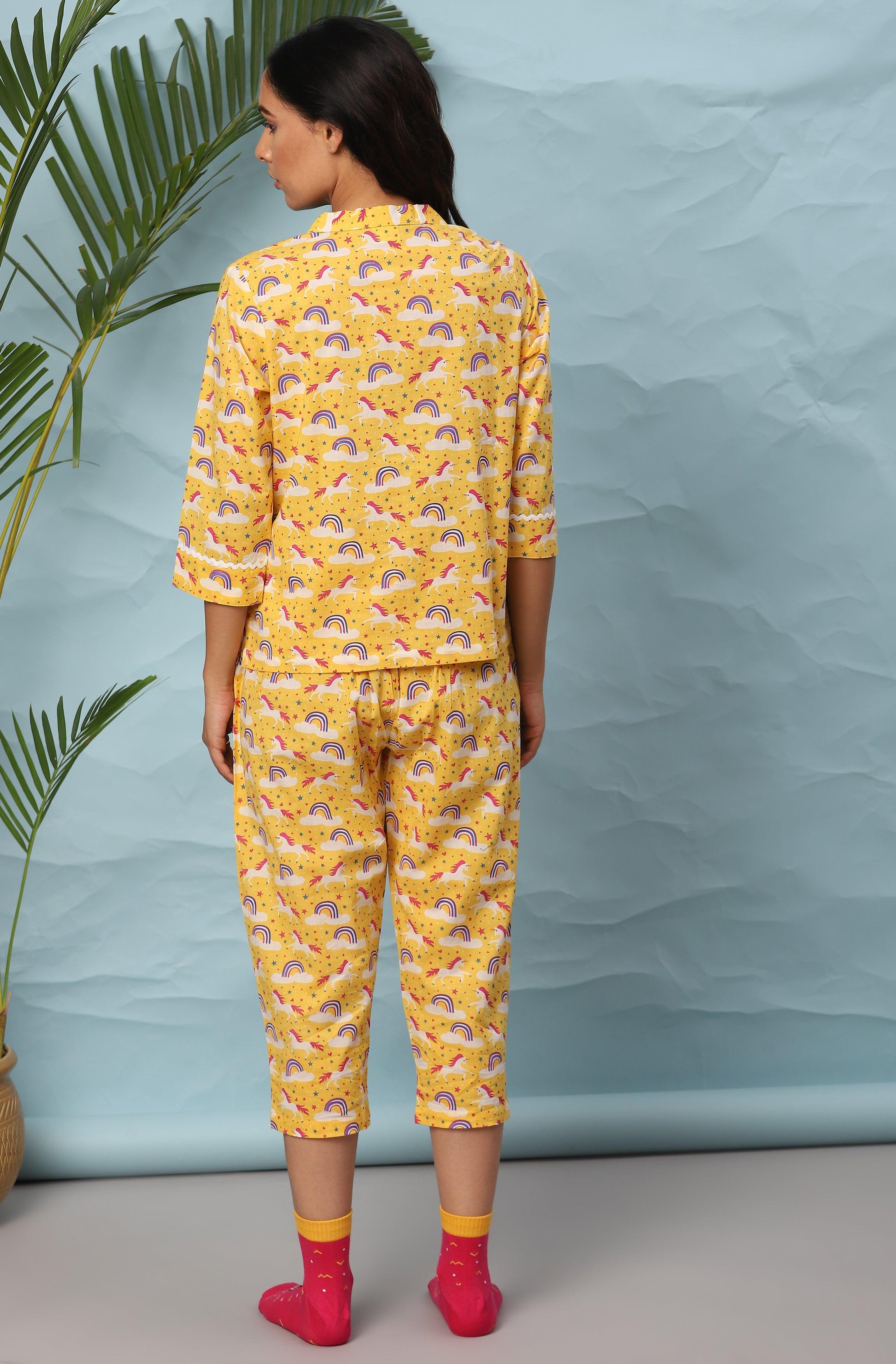 Yellow Cotton Night Suit Set Janasya-Discontinue