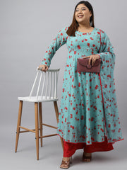 Sea Green Georgette Floral Printed Kurta with Flared Palazzo and Dupatta