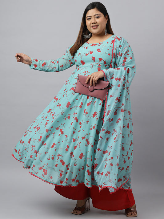 Sea Green Georgette Floral Printed Kurta with Flared Palazzo and Dupatta