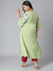 Plus Size Green Poly Crepe Floral Print A-line Kurta XL LOVE By Janasya