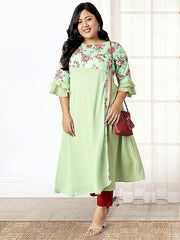 Plus Size Green Poly Crepe Floral Print A-line Kurta XL LOVE By Janasya