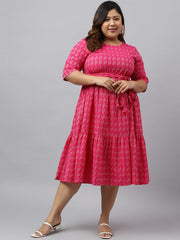 Women's Pink Cotton Woven Design Tiered Ethnic Dress