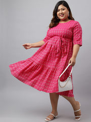 Women's Pink Cotton Woven Design Tiered Ethnic Dress