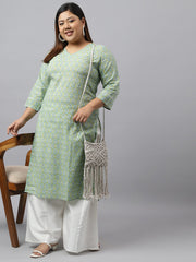 XL LOVE by Janasya Women's Plus Size Beige Green Cotton Ethnic Motifs Printed Straight kurta