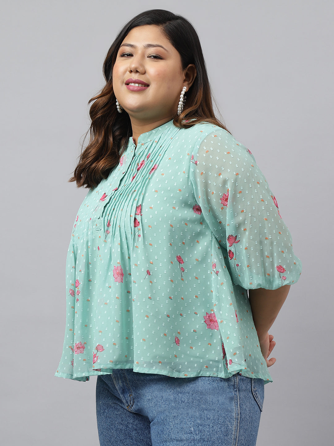 Sea Green Dobby Georgette Floral Print Flared Top