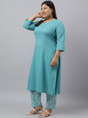 Women's Plus Size Turquoise Cotton Kurta With Pant and Dupatta