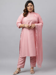 Women's Plus Size Pink Poly Silk Kurta With Pant and Dupatt