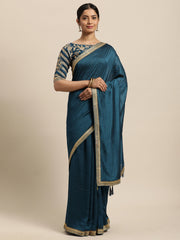 Janasya Women's Blue Poly Silk Solid  Saree with Blouse Piece