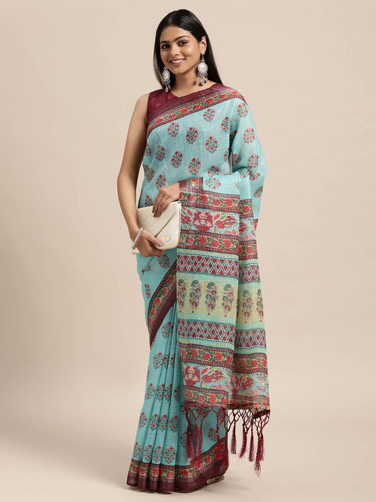 Janasya Women's Turquoise Blue Linen Blend Printed  Saree with Blouse Piece