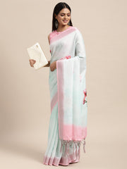 Janasya Women's Sea Green Linen Blend Printed  Saree with Blouse Piece