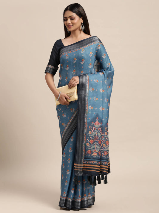 Janasya Women's Blue Linen Blend Printed  Saree with Blouse Piece