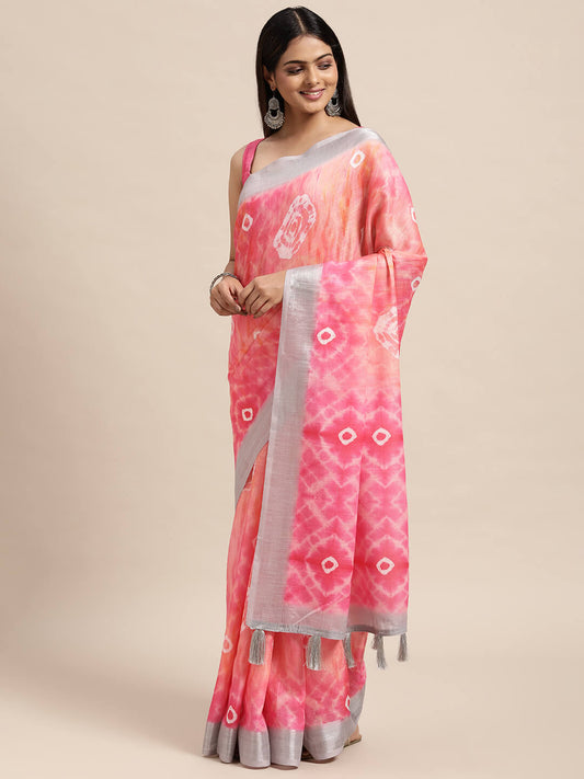 Janasya Women's Peach Linen Blend Printed  Saree with Blouse Piece