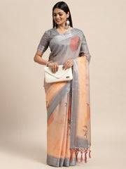 Janasya Women's Orange Linen Blend Printed  Saree with Blouse Piece