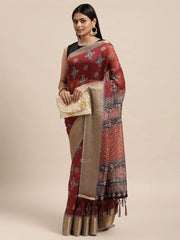 Janasya Women's Maroon Chanderi Silk Printed  Saree with Blouse Piece