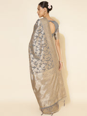 Grey Chanderi Silk Floral Saree with Unstitched Blouse Piece
