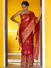 Red Organza Woven Leheriya Saree with Unstitched Blouse Piece