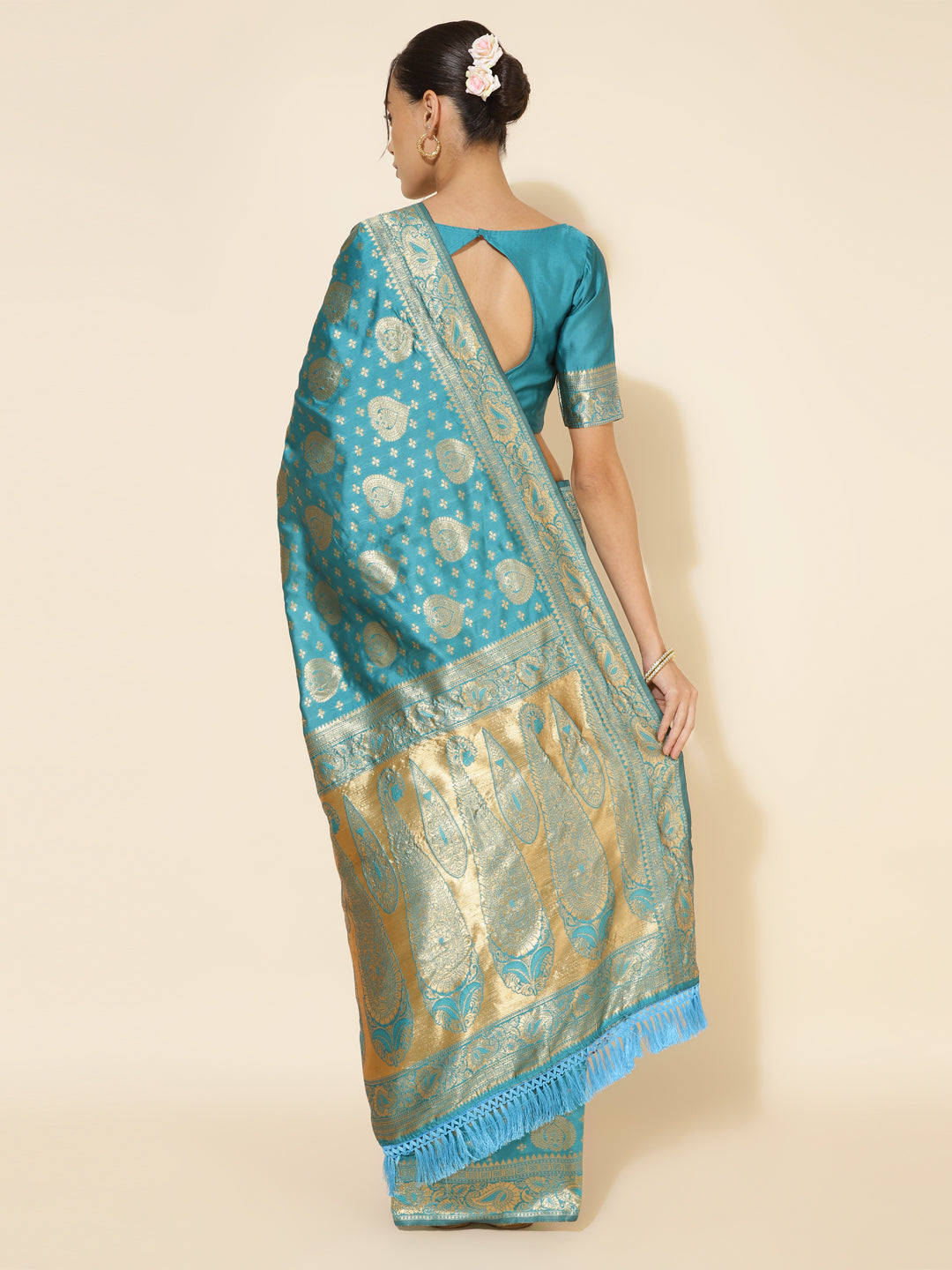 Turquoise Blue Banarasi Silk Woven Ethnic Motifs Saree with Unstitched Blouse Piece