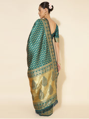 Peacock Green Silk  Woven Ethnic Motifs Saree with Unstitched Blouse Piece
