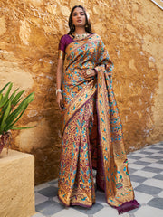 Wine Paithani Silk Woven Bagh Design Saree with Unstitched Blouse Piece