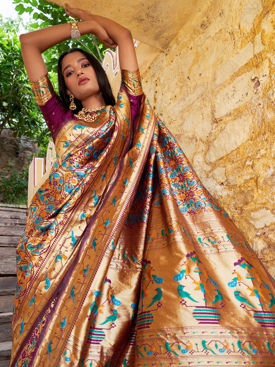 Wine Paithani Silk Woven Bagh Design Saree with Unstitched Blouse Piece