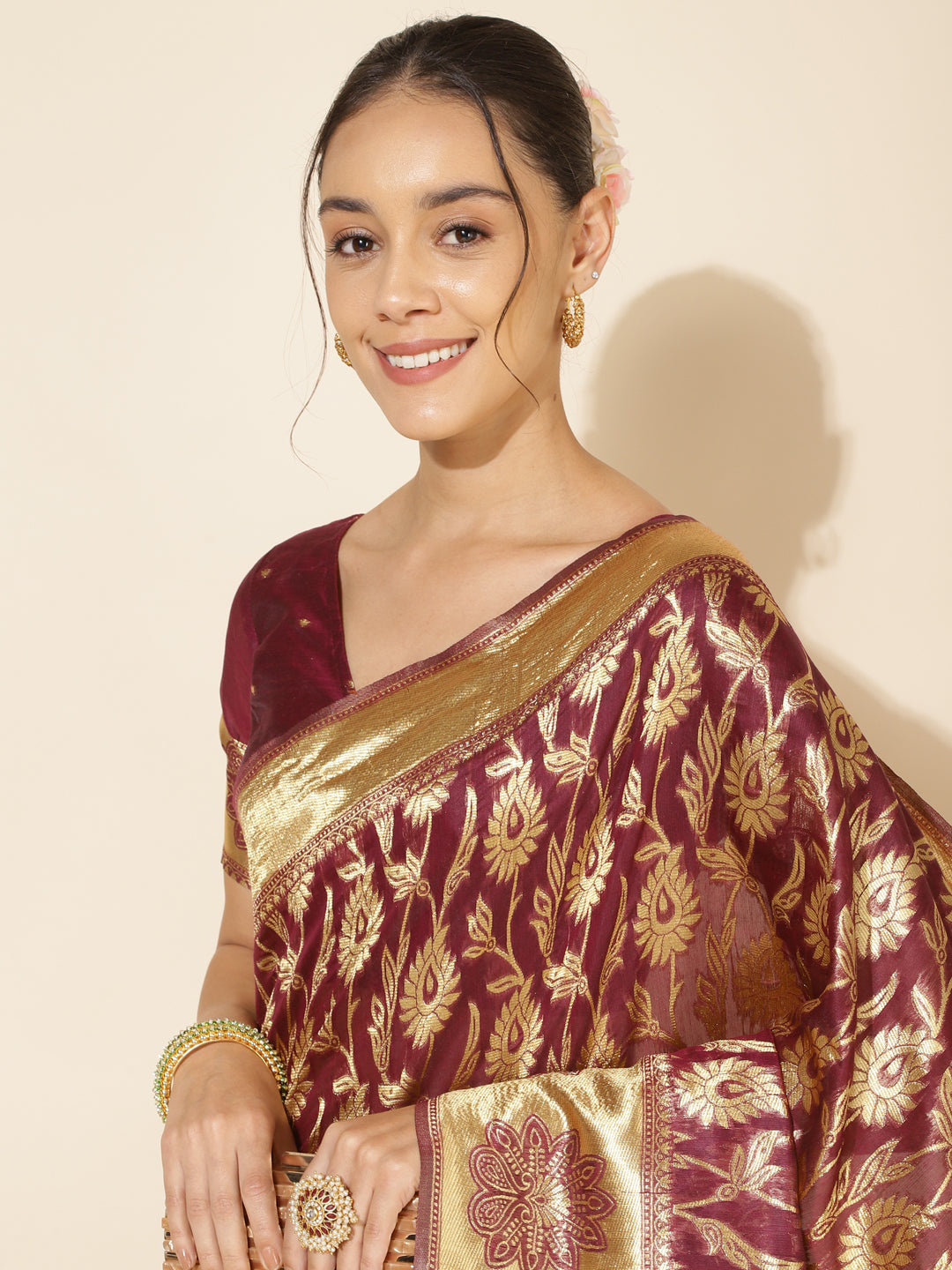 Wine Chanderi Silk Woven Paisley Saree with Unstitched Blouse Piece