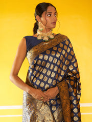 Navy Blue Banarasi Silk Woven Ethnic Motifs Saree with Unstitched Blouse Piece