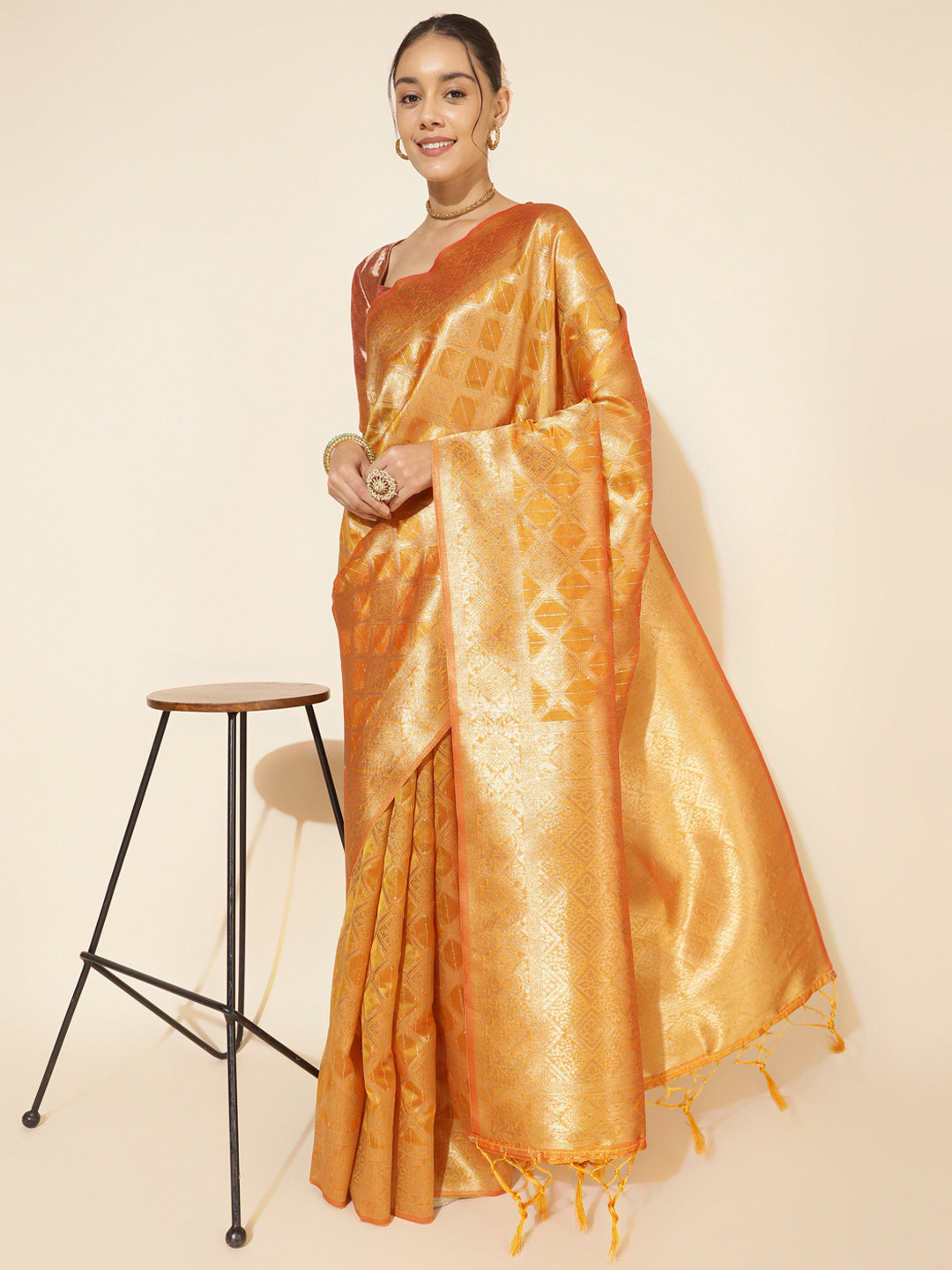 Yellow Organza Woven Ethnic Motifs Saree with Unstitched Blouse Piece