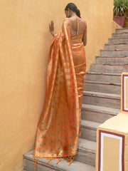 Orange Yellow Saree in Organza Leheriya - Clothsvilla