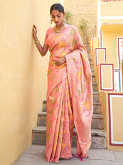 Light Pink Chanderi Silk Ethnic Motifs Saree with Unstitched Blouse Piece