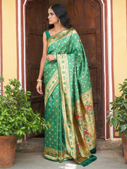 Green Paithani Silk Woven Ethnic Motifs Saree with Unstitched Blouse Piece