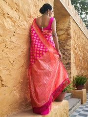Rani Pink Banarasi Silk Ethnic Motifs Saree with Unstitched Blouse Piece