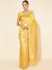 Yellow Chanderi Silk Floral Saree with Unstitched Blouse Piece