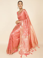 Peach Chanderi Silk Floral Saree with Unstitched Blouse Piece