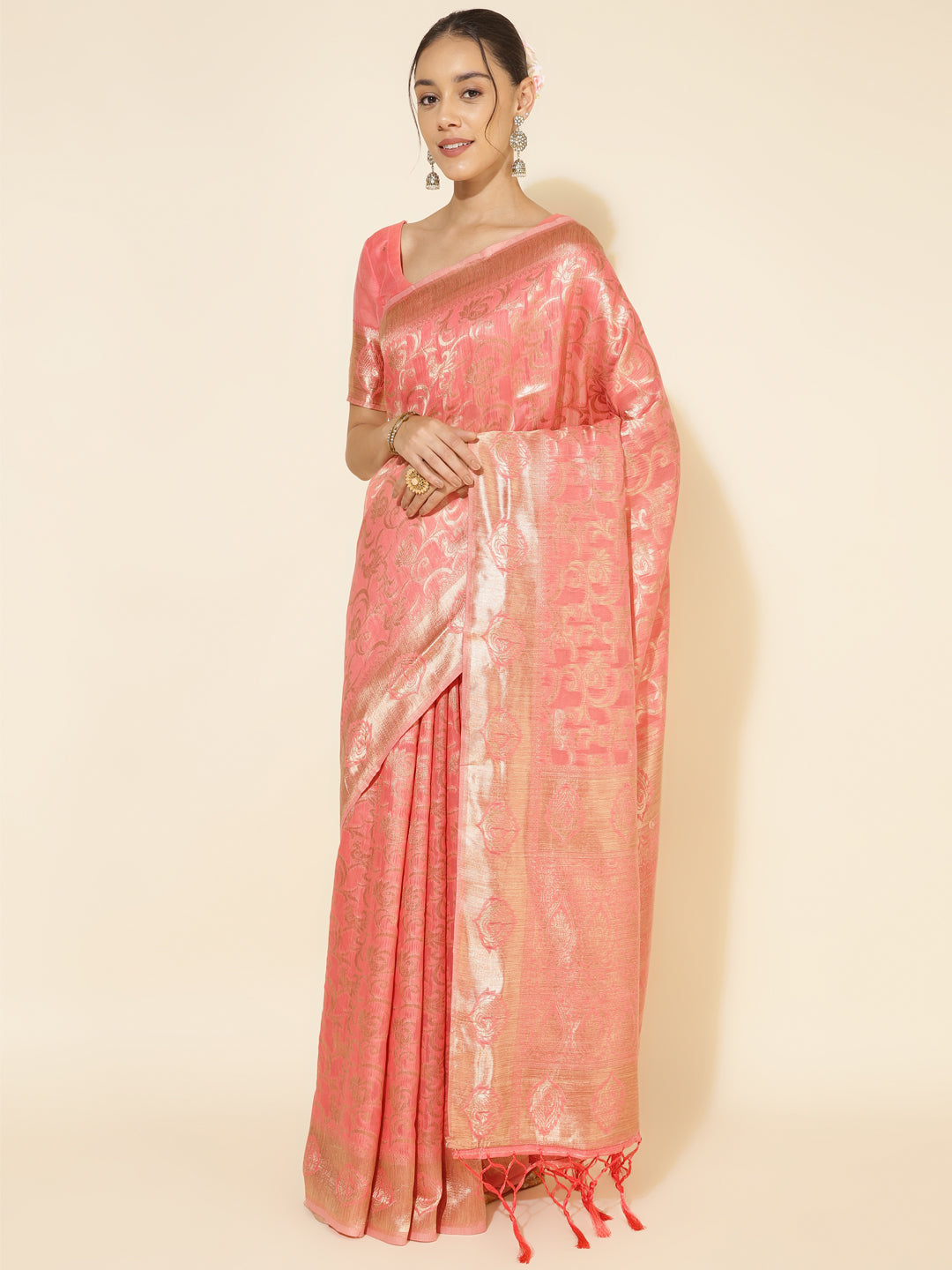Peach Chanderi Silk Floral Saree with Unstitched Blouse Piece