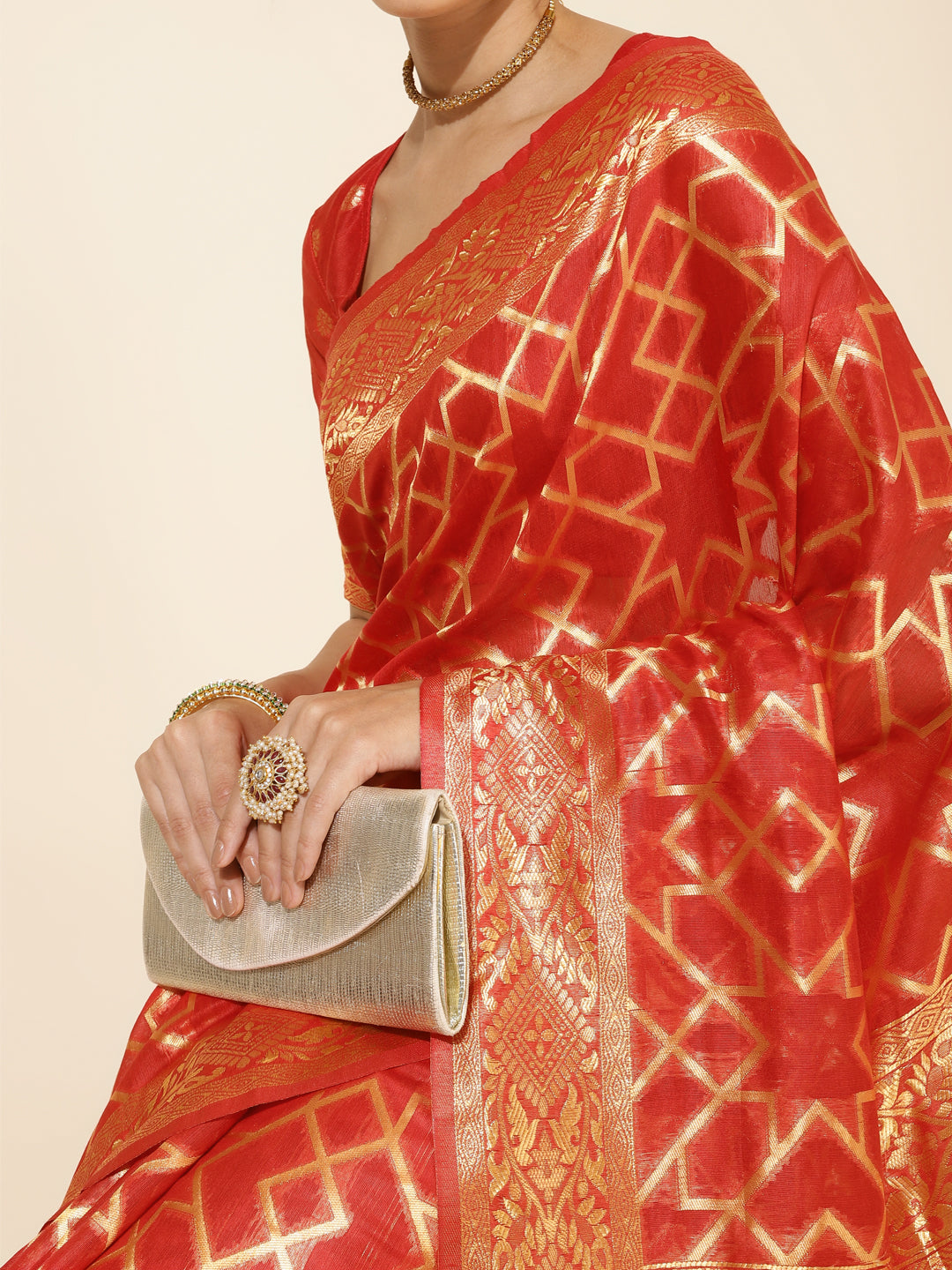 Red Chanderi Silk Woven Geometric Saree with Unstitched Blouse Piece